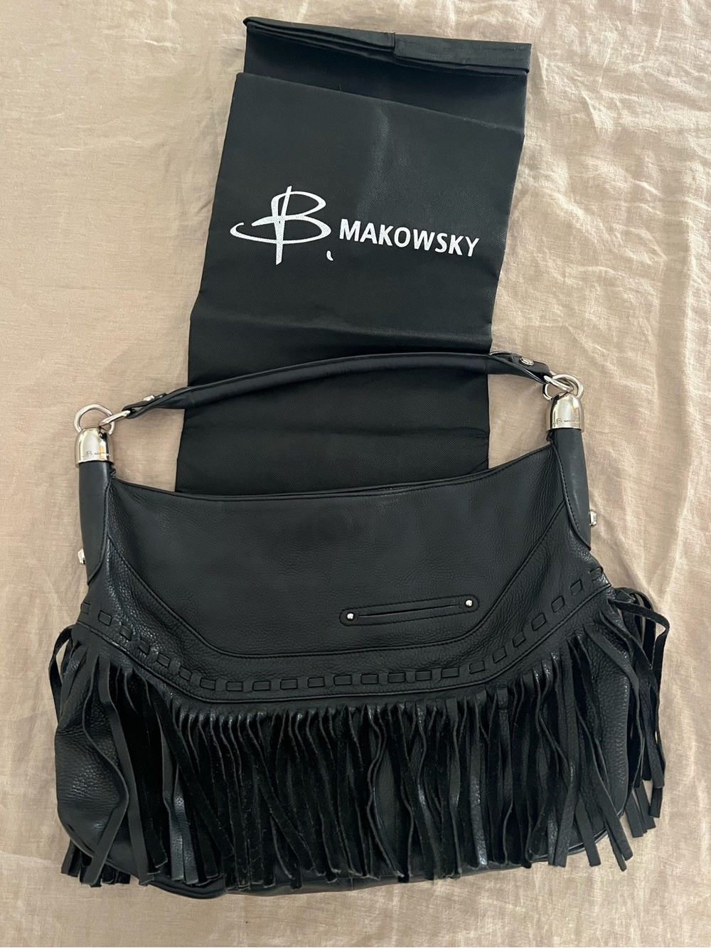 B. Makowsky Andalusia Fringe Shoulder Bag - Black Leather - Like New